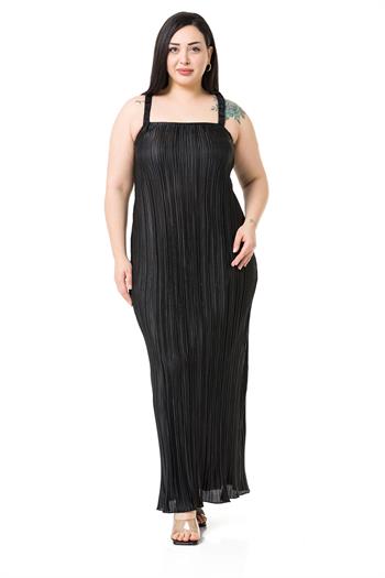 Plus Size Satin Long Black Dress with Elastic Sleeves and Back