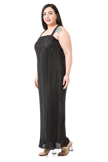 Plus Size Satin Long Black Dress with Elastic Sleeves and Back