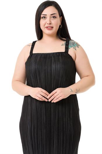 Plus Size Satin Long Black Dress with Elastic Sleeves and Back