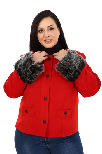 Büyük Beden Kolu Kürklü Sahte Cepli Astarlı Kısa Kırmızı Ceket