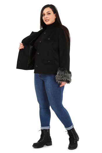 Büyük Beden Kolu Kürklü Sahte Cepli Astarlı Kısa Siyah Ceket