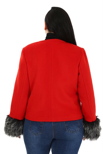 Büyük Beden Kolu Kürklü Sahte Cepli Astarlı Kısa Kırmızı Ceket