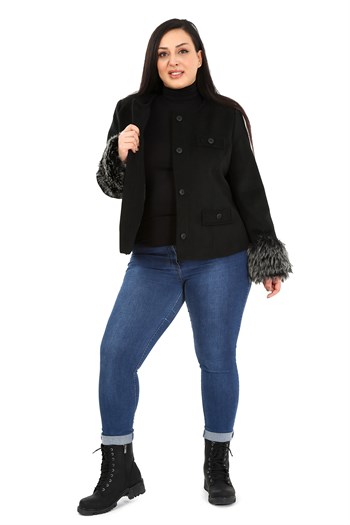 Büyük Beden Kolu Kürklü Sahte Cepli Astarlı Kısa Siyah Ceket
