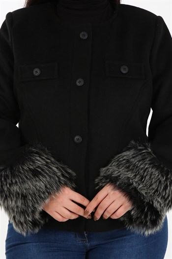 Büyük Beden Kolu Kürklü Sahte Cepli Astarlı Kısa Siyah Ceket