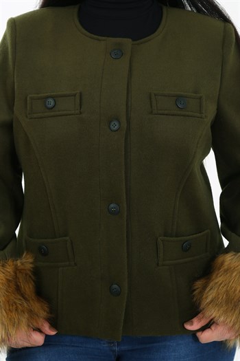 Büyük Beden Kolu Kürklü Sahte Cepli Astarlı Kısa Haki Ceket