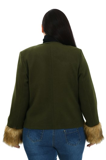 Büyük Beden Kolu Kürklü Sahte Cepli Astarlı Kısa Haki Ceket