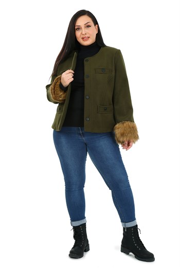 Büyük Beden Kolu Kürklü Sahte Cepli Astarlı Kısa Haki Ceket