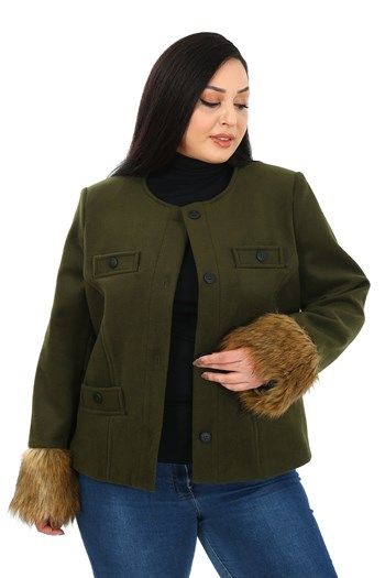 Büyük Beden Kolu Kürklü Sahte Cepli Astarlı Kısa Haki Ceket
