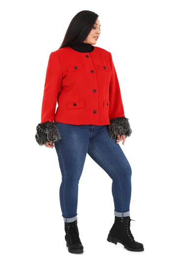 Büyük Beden Kolu Kürklü Sahte Cepli Astarlı Kısa Kırmızı Ceket