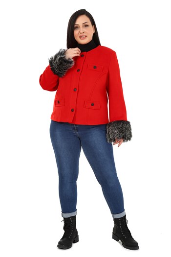 Büyük Beden Kolu Kürklü Sahte Cepli Astarlı Kısa Kırmızı Ceket