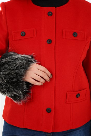 Büyük Beden Kolu Kürklü Sahte Cepli Astarlı Kısa Kırmızı Ceket