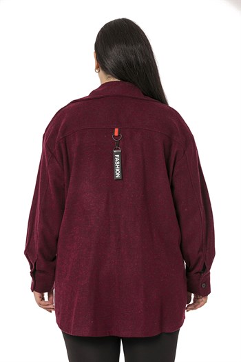 Büyük Beden Kontrast Dikişli Torba Cepli Aksesuar Detaylı Bordo Kaşe Ceket Gömlek