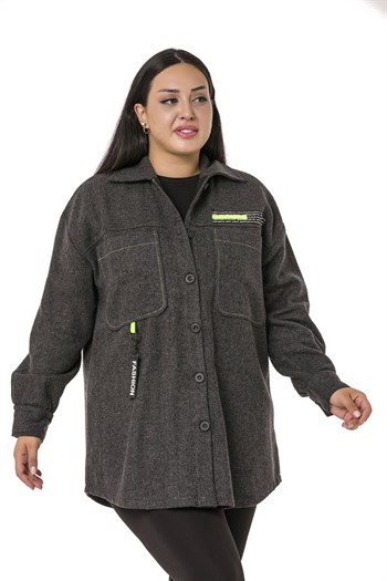 Büyük Beden Kontrast Dikişli Torba Cepli Aksesuar Detaylı Antrasit Kaşe Ceket Gömlek