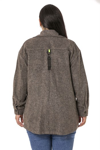 Büyük Beden Kontrast Dikişli Torba Cepli Aksesuar Detaylı Vizon Kaşe Ceket Gömlek