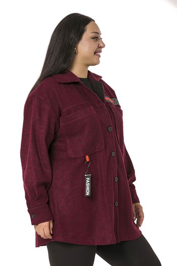 Büyük Beden Kontrast Dikişli Torba Cepli Aksesuar Detaylı Bordo Kaşe Ceket Gömlek