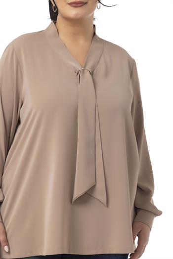 Büyük Beden Kravat Yaka D Toka Detaylı Vizon Bluz