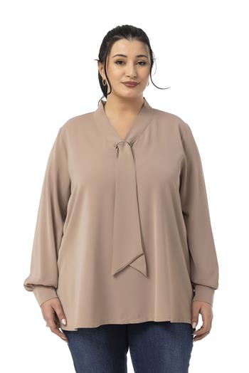 Büyük Beden Kravat Yaka D Toka Detaylı Vizon Bluz