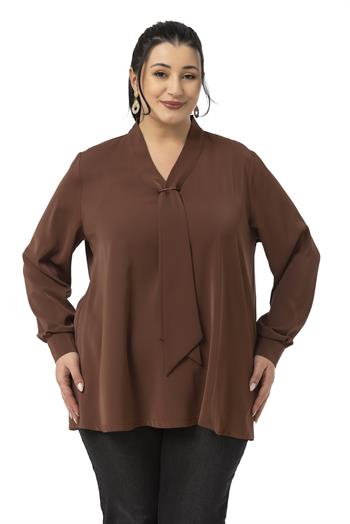 Büyük Beden Kravat Yaka D Toka Detaylı Kahverengi Bluz