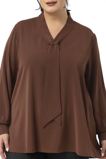 Büyük Beden Kravat Yaka D Toka Detaylı Kahverengi Bluz