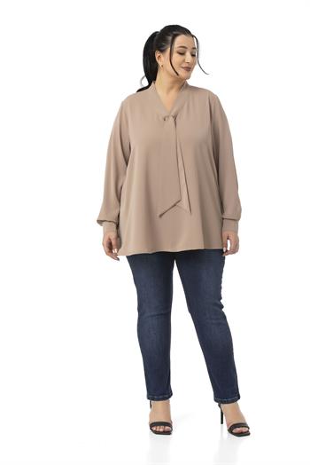 Büyük Beden Kravat Yaka D Toka Detaylı Vizon Bluz