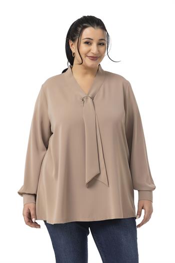 Büyük Beden Kravat Yaka D Toka Detaylı Vizon Bluz