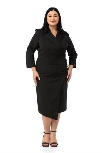 Büyük Beden Kruvaze Ceket Yaka Süs Düğme Detaylı Truvakar Kol Siyah Elbise