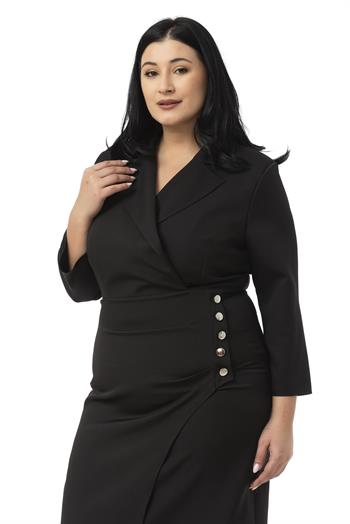 Büyük Beden Kruvaze Ceket Yaka Süs Düğme Detaylı Truvakar Kol Siyah Elbise