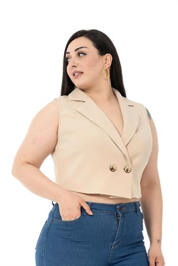 Plus Size Double Breasted Double Button Beige Mini Vest