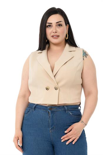 Plus Size Double Breasted Double Button Beige Mini Vest