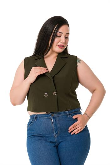 Plus Size Double Breasted Double Button Khaki Mini Vest