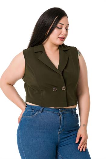 Plus Size Double Breasted Double Button Khaki Mini Vest