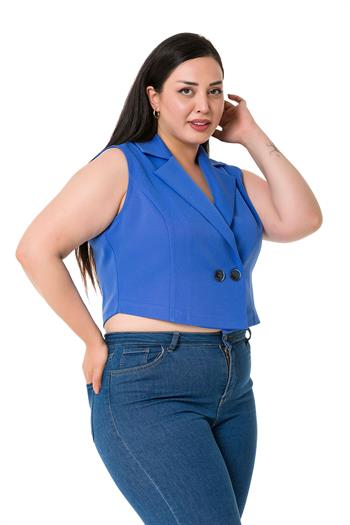 Plus Size Double Breasted Double Button İndigo Mini Vest