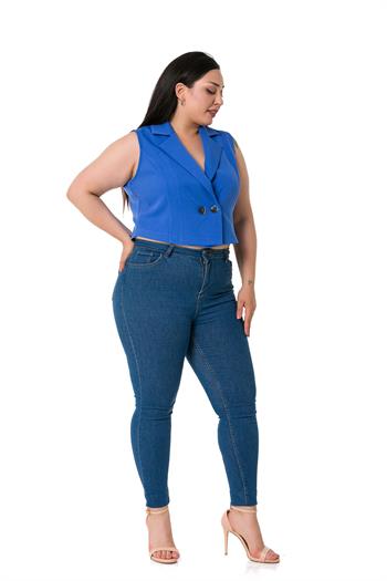 Plus Size Double Breasted Double Button İndigo Mini Vest