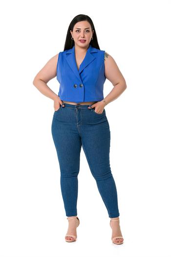Plus Size Double Breasted Double Button İndigo Mini Vest