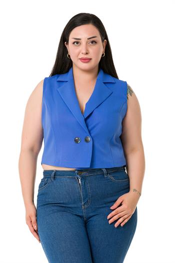 Plus Size Double Breasted Double Button İndigo Mini Vest