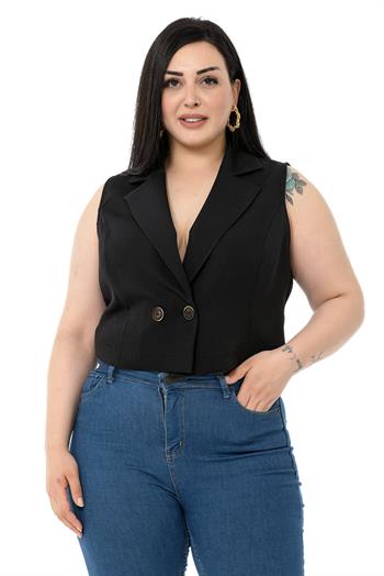 Plus Size Double Breasted Double Button Black Mini Vest