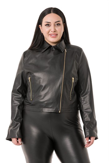 Büyük Beden Kruvaze Fermuar Detaylı Cepli Astarlı Siyah Kısa Deri Mont