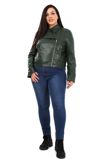 Büyük Beden Kruvaze Fermuar Detaylı Cepli Astarlı Haki Kısa Deri Mont