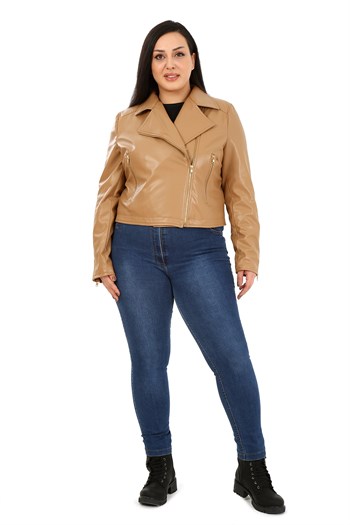 Büyük Beden Kruvaze Fermuar Detaylı Cepli Astarlı Bej Kısa Deri Mont