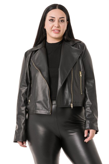 Büyük Beden Kruvaze Fermuar Detaylı Cepli Astarlı Siyah Kısa Deri Mont