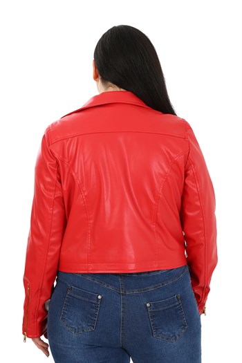 Büyük Beden Kruvaze Fermuar Detaylı Cepli Astarlı Kırmızı Kısa Deri Mont