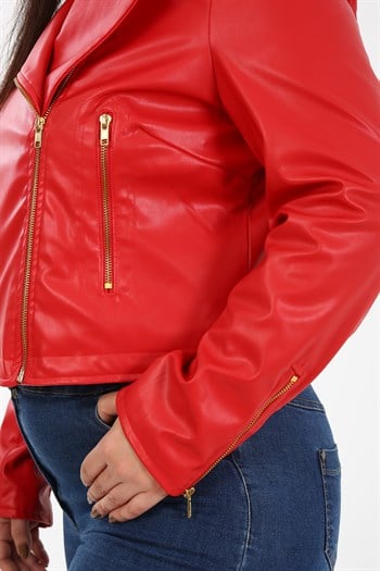 Büyük Beden Kruvaze Fermuar Detaylı Cepli Astarlı Kırmızı Kısa Deri Mont