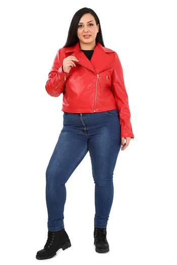 Büyük Beden Kruvaze Fermuar Detaylı Cepli Astarlı Kırmızı Kısa Deri Mont