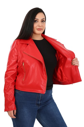 Büyük Beden Kruvaze Fermuar Detaylı Cepli Astarlı Kırmızı Kısa Deri Mont