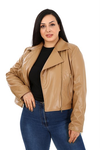 Büyük Beden Kruvaze Fermuar Detaylı Cepli Astarlı Bej Kısa Deri Mont