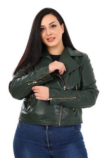 Büyük Beden Kruvaze Fermuar Detaylı Cepli Astarlı Haki Kısa Deri Mont