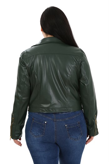 Büyük Beden Kruvaze Fermuar Detaylı Cepli Astarlı Haki Kısa Deri Mont