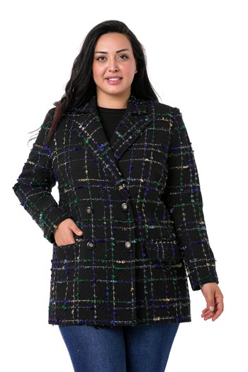 Büyük Beden Kruvaze Kapamalı Arkası Yırtmaçlı Astarlı Tüvit Simli Siyah Saks Ceket