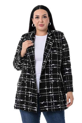 Büyük Beden Kruvaze Kapamalı Arkası Yırtmaçlı Astarlı Tüvit Simli Siyah Beyaz Ceket