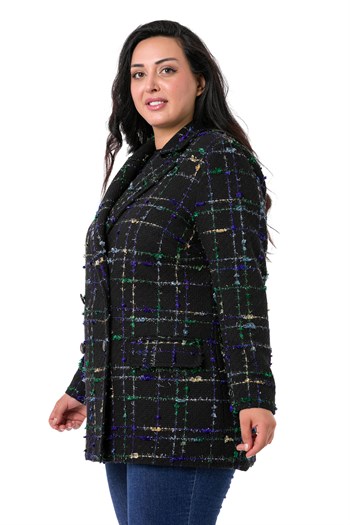 Büyük Beden Kruvaze Kapamalı Arkası Yırtmaçlı Astarlı Tüvit Simli Siyah Saks Ceket